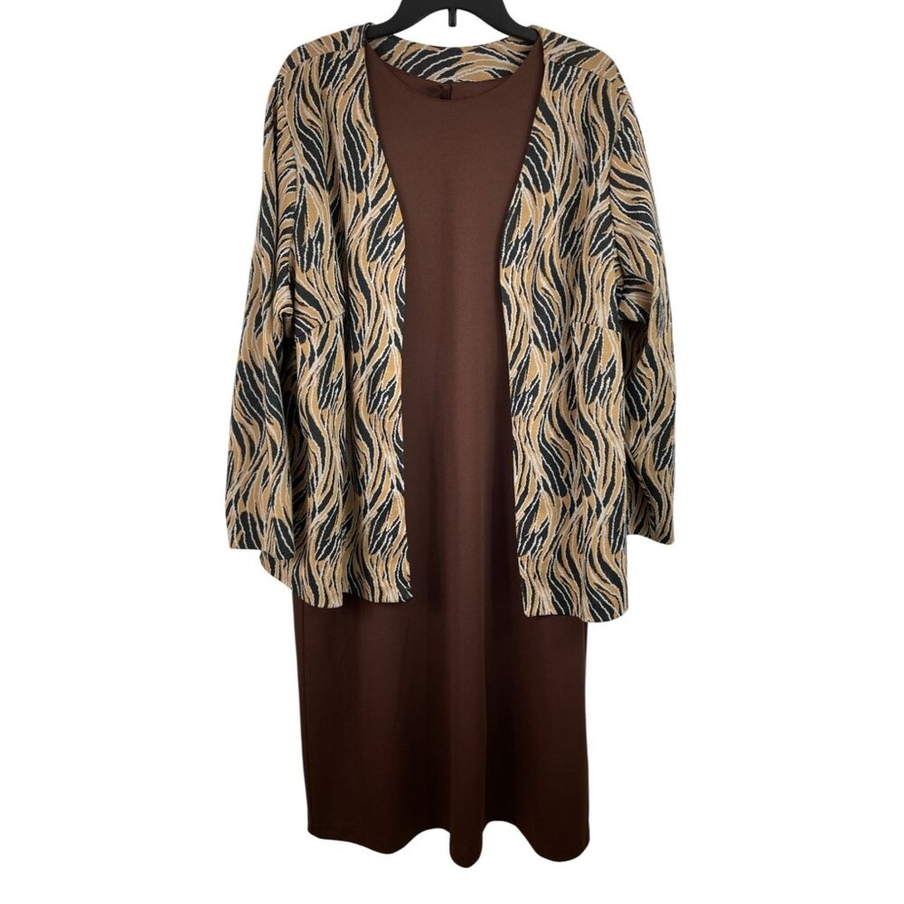 Vintage Style Brown Dress & Zebra Print Open Cardigan Set Womens Size B2
